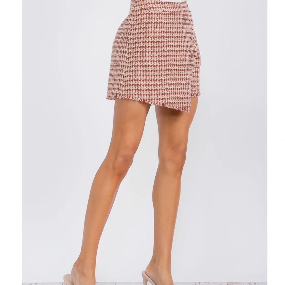 Women Modern Surplice Tweed Textured Mini Skort Houndstooth Skirt Red